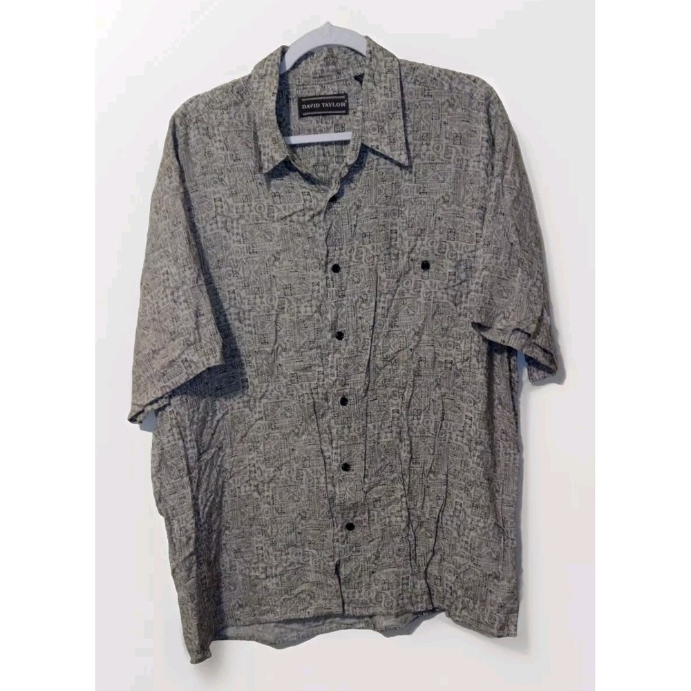 David Taylor Button Down Mens XL Gray Geometric Abstract Rayon Short Sleeve